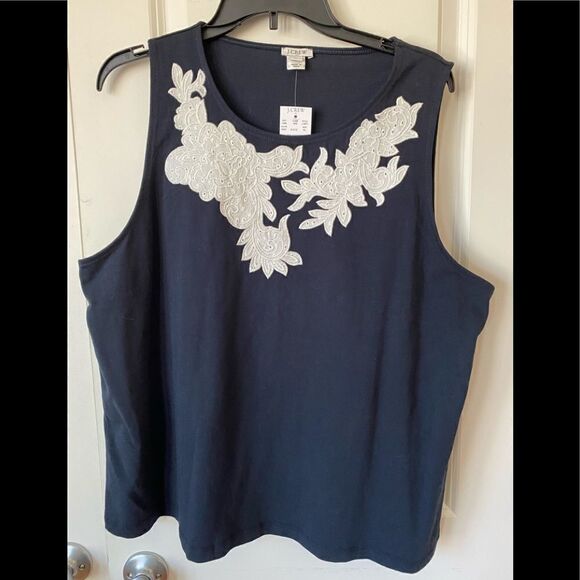 J. Crew Tops - J.CREW EMBROIDERED SLEEVELESS SHELL NAVY COTTON